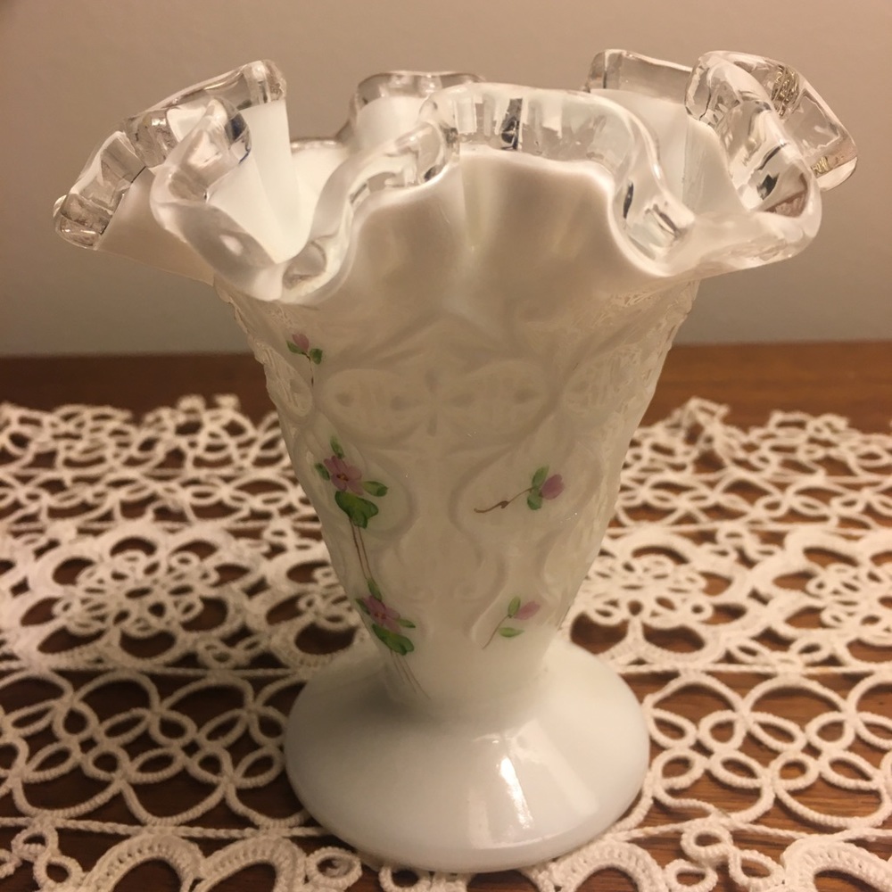 FENTON Silver Crest Milk Glass Vase, Ruffled Rim, Hand-painted Violets.
